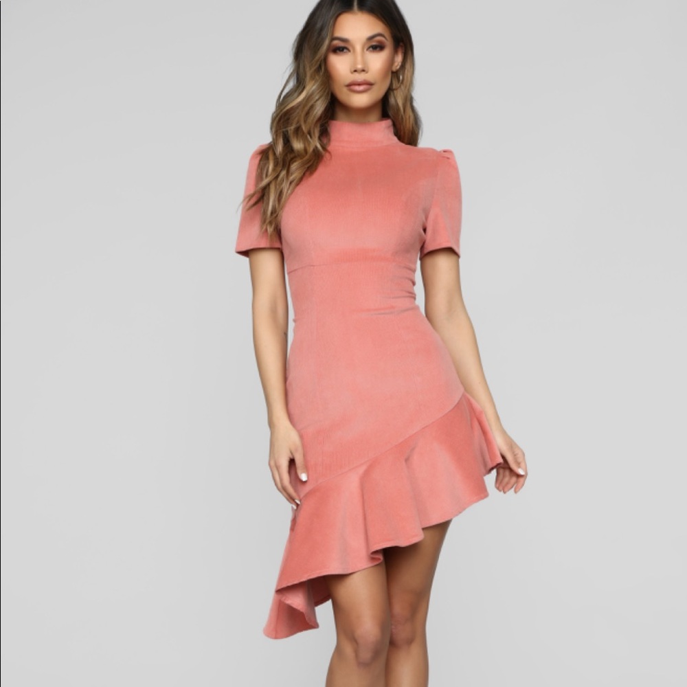 Asymmetrical corduroy pink dress